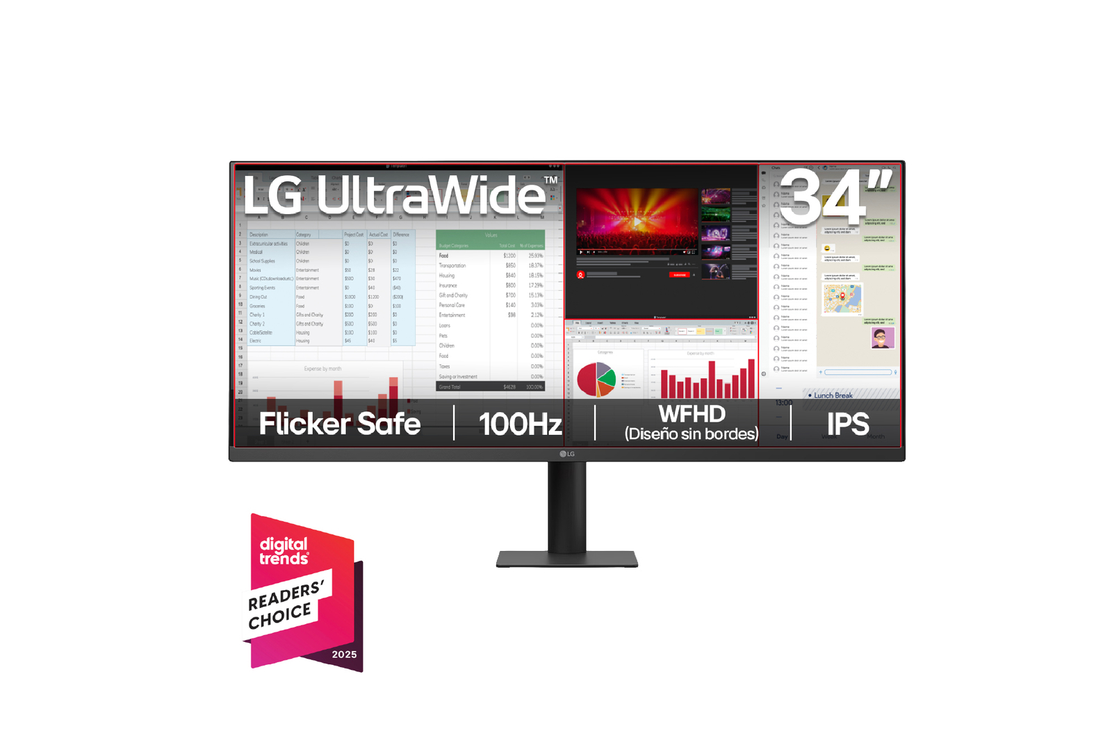 Vista frontal de Monitor LG UltraWide 34" WFHD 100Hz IPS productividad más inmersiva 34U511A-B